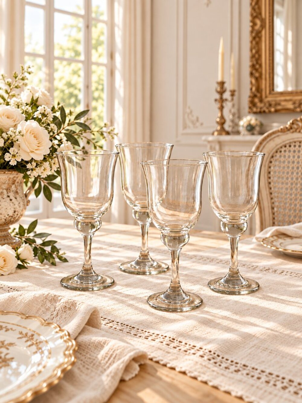 Pottery Barn Baroque Clear Glass Goblets Set of 4 Wine Stemware French Country